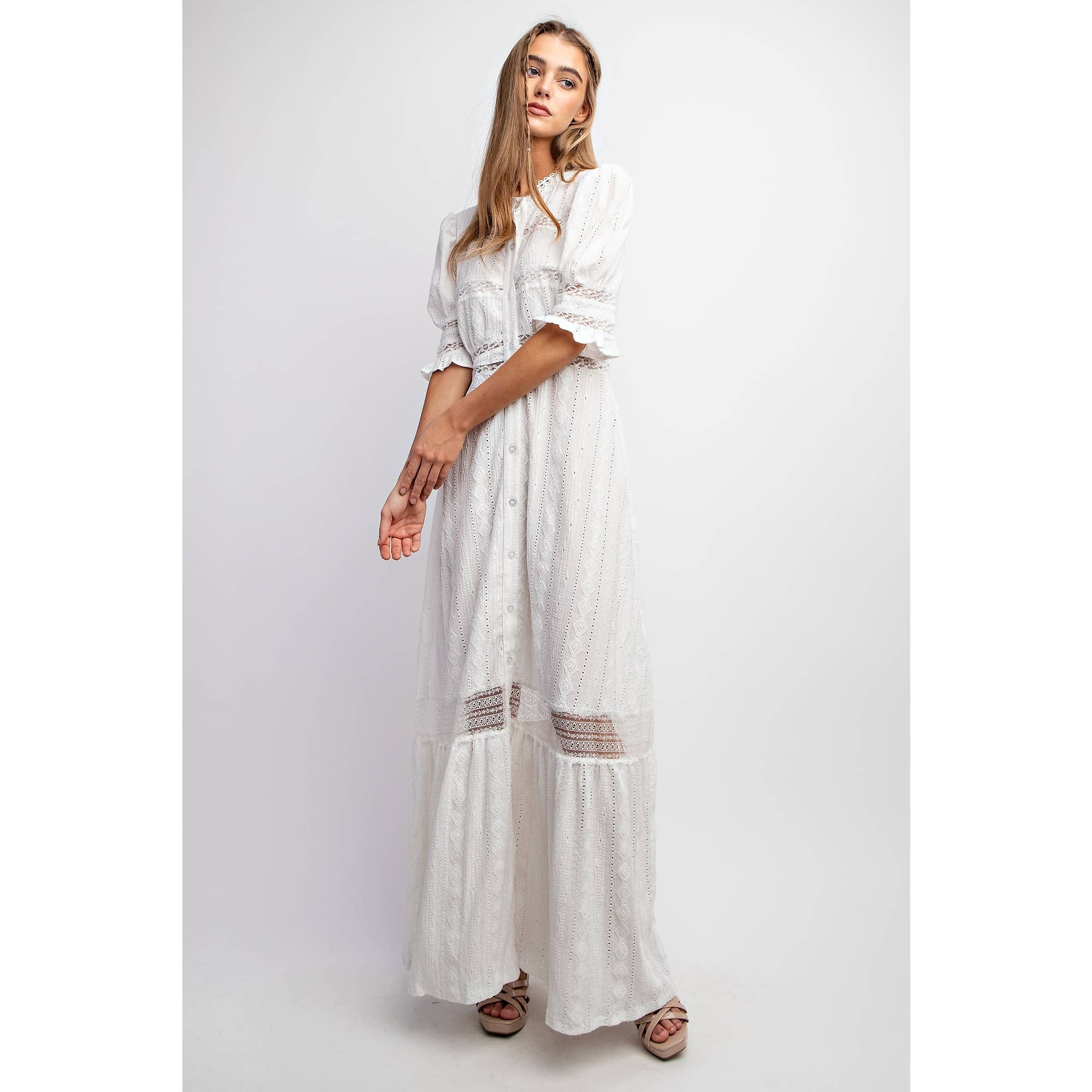 CHIC WOVEN MAXI BUTTON DOWN SHIRT DRESS WITH TRIM LACE DETAI