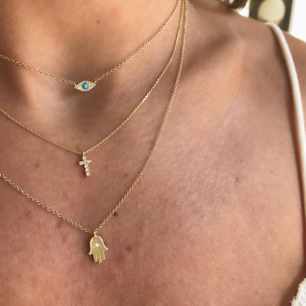 Layered Lucky Protection Necklaces with Evil Eye Cross and Hamsa Charms