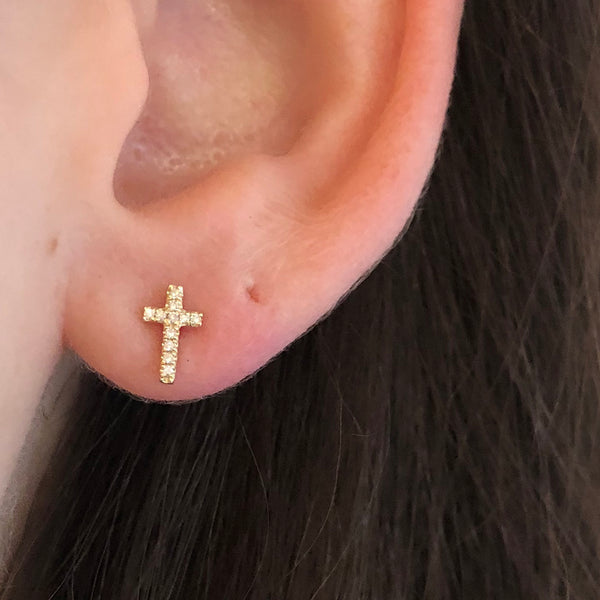 Tiny Diamond Cross Stud Earring 14K Gold