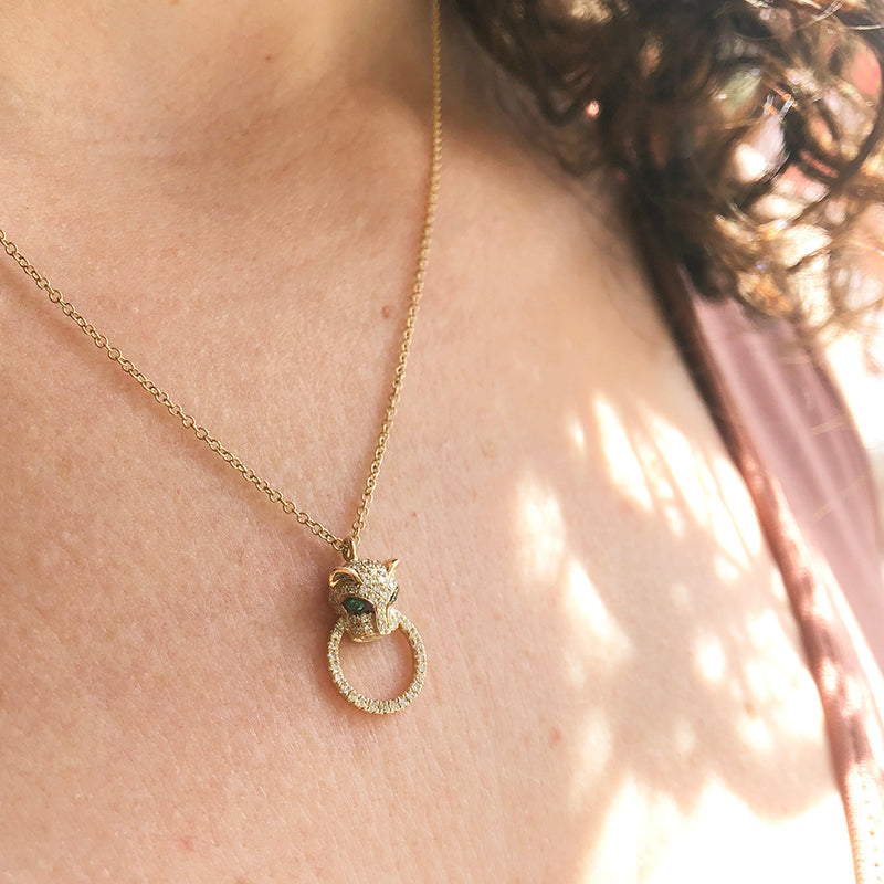 DIAMOND PANTHER NECKLACE WITH EMERALD EYES