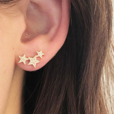 Three Pave Diamond Star Stud Earrings