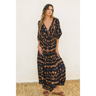 Tie Dye Print Drawstring Cinched Waist Maxi Dress