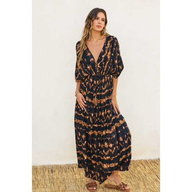 Tie Dye Print Drawstring Cinched Waist Maxi Dress