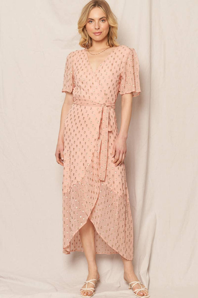 Short Sleeve Sequin Polka Dot Wrap Dress