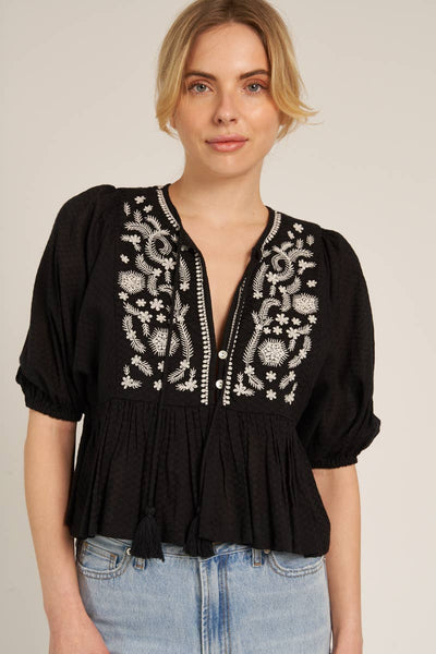 Puff Sleeve Peplum Top with Embroidery Detail