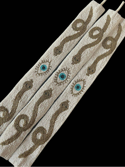Hand beaded evil eye n snake Hat Band or belt (White)
