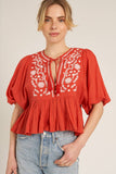 Puff Sleeve Peplum Top with Embroidery Detail