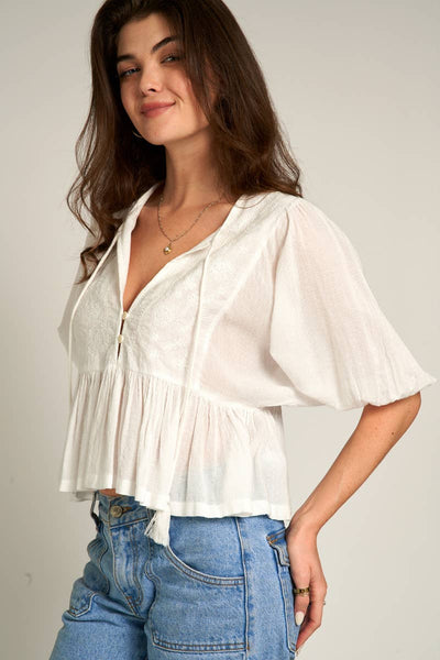 Puff Sleeve Peplum Top with Embroidery Detail