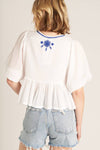 Puff Sleeve Peplum Top with Embroidery Detail