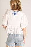 Puff Sleeve Peplum Top with Embroidery Detail