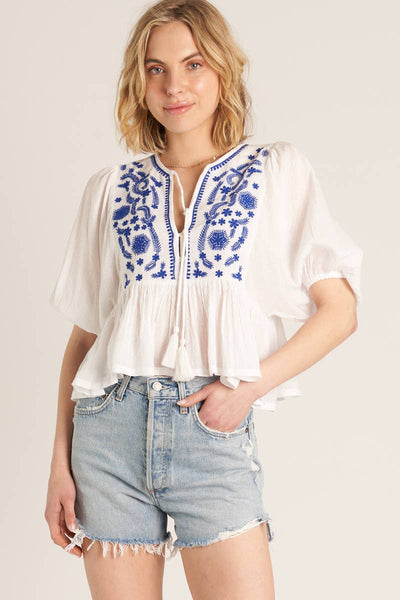 Puff Sleeve Peplum Top with Embroidery Detail