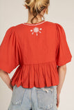 Puff Sleeve Peplum Top with Embroidery Detail