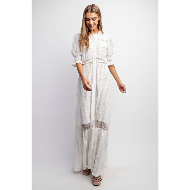 CHIC WOVEN MAXI BUTTON DOWN SHIRT DRESS WITH TRIM LACE DETAI