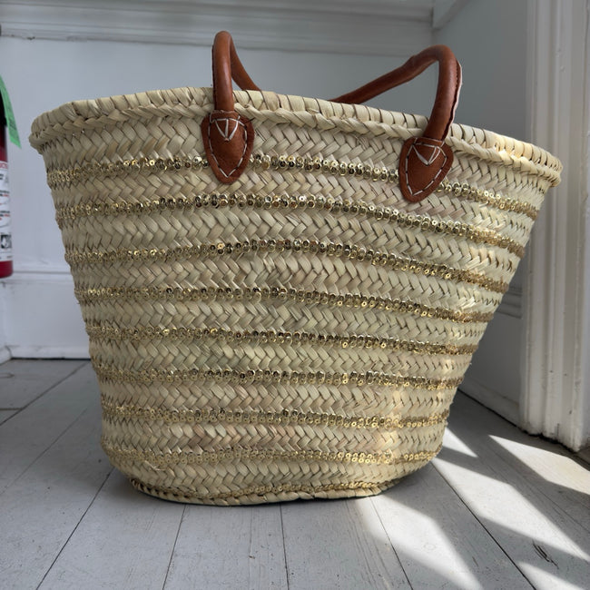 SEQUIN STRIPE STRAW TOTE