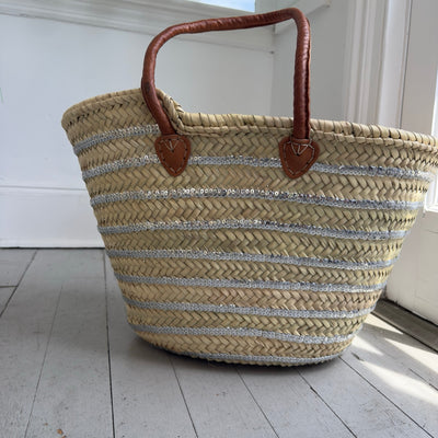 SEQUIN STRIPE STRAW TOTE