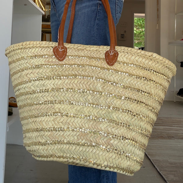 SEQUIN STRIPE STRAW TOTE