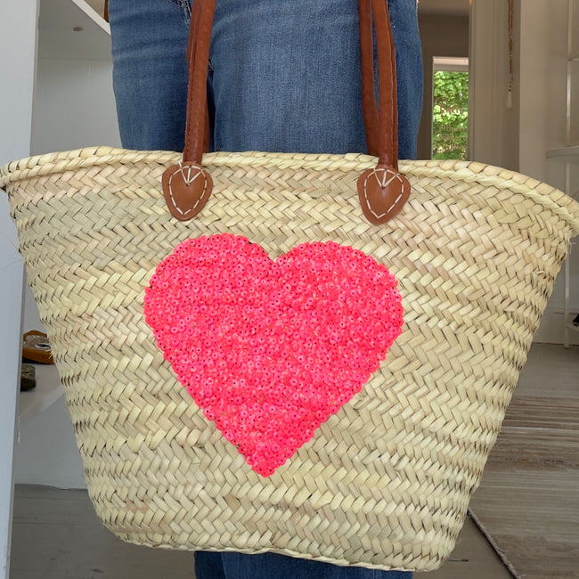 PINK HEART STRAW TOTE BAG
