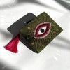 Olive Velvet Pouch with Embroidered Fuschia Evil Eye and Tassel