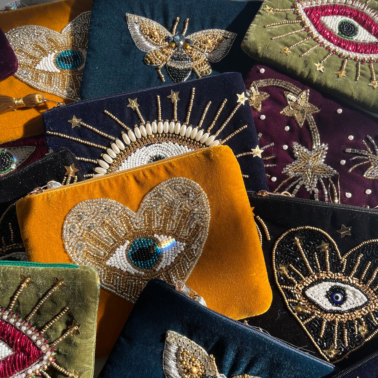 Multicolored Velvet Pouches with Heart Star and Evil Eye Beaded Embroidery 