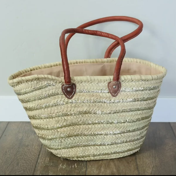 GOLD SEQUIN STRIPE STRAW TOTE