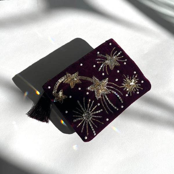 Wine Colored Velvet Pouch with Embroidered Star and Firework Design