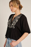 Puff Sleeve Peplum Top with Embroidery Detail