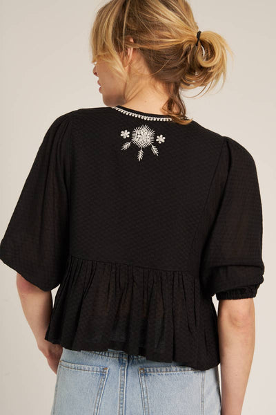 Puff Sleeve Peplum Top with Embroidery Detail