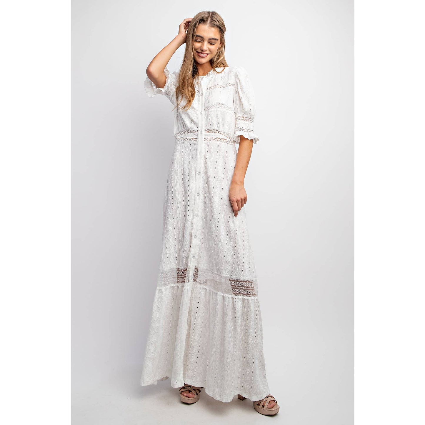 CHIC WOVEN MAXI BUTTON DOWN SHIRT DRESS WITH TRIM LACE DETAI CHIC WOVEN MAXI BUTTON DOWN SHIRT DRESS WITH TRIM LACE DETAI