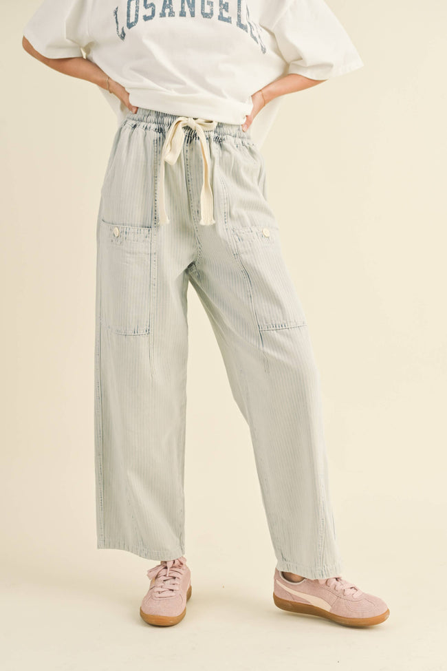 P3819  STRIPE AND WASHED EFFECT BARREL SHAPE PANTS