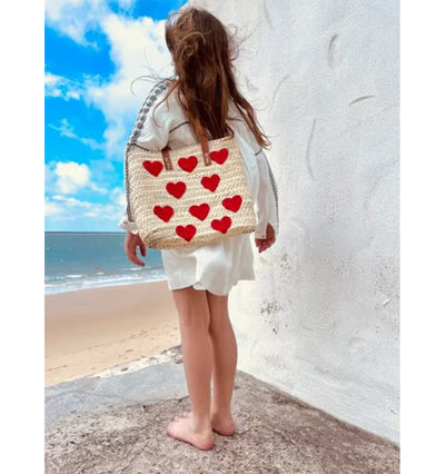 RED HEARTS STRAW TOTE BAG