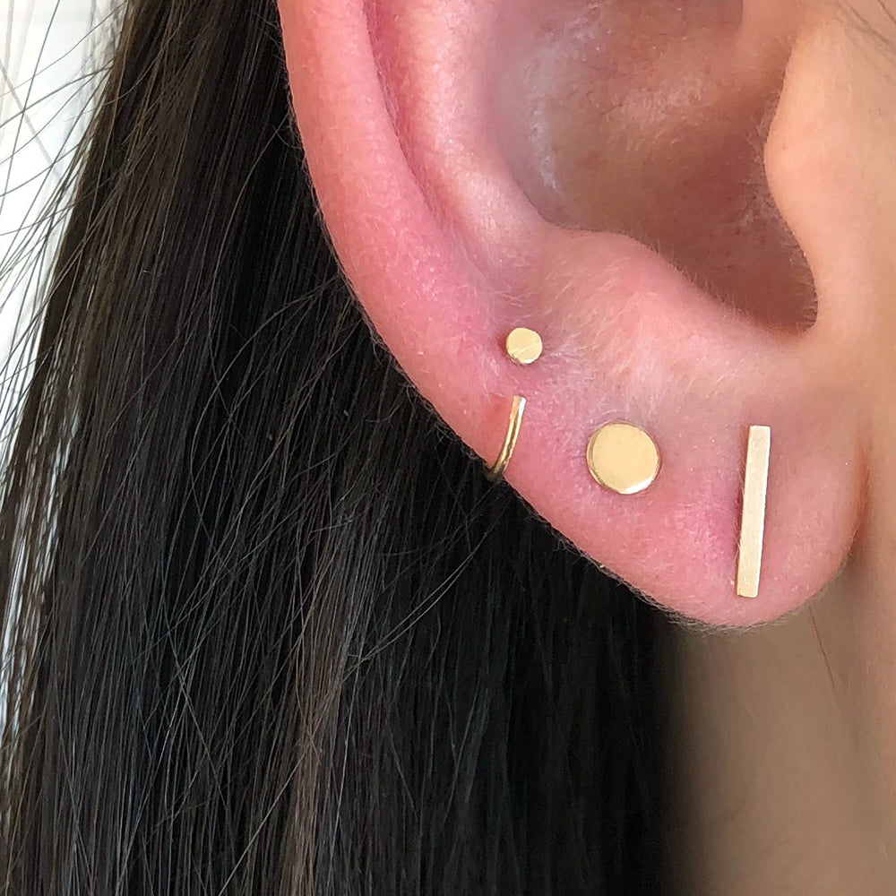 Huggie Hoop Earring, Gold Flat Disc Earring and Gold Bar Earring