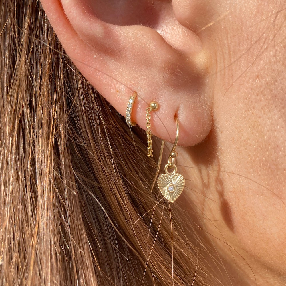 Diamond Huggie Hoop Chain Earring and Heart Earring