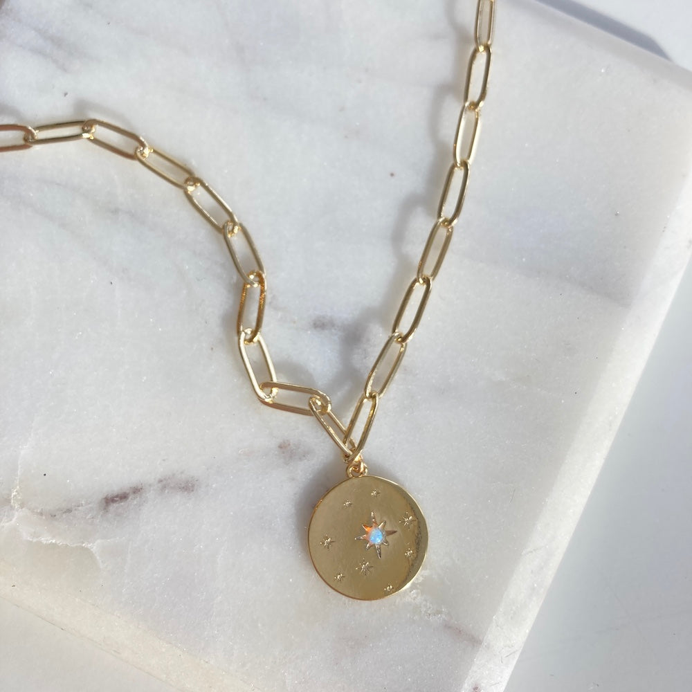 Gold Medallion Necklace with Opal