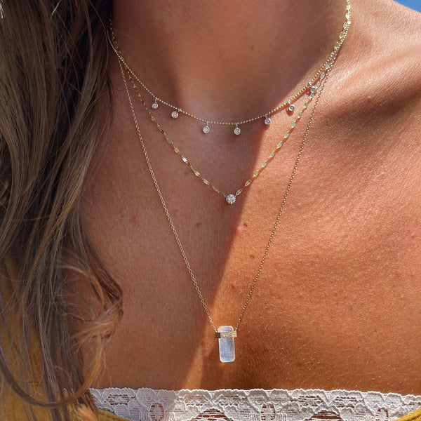 Layered Diamond and Moonstone Necklaces at Katie Diamond in Ridgewood NJ