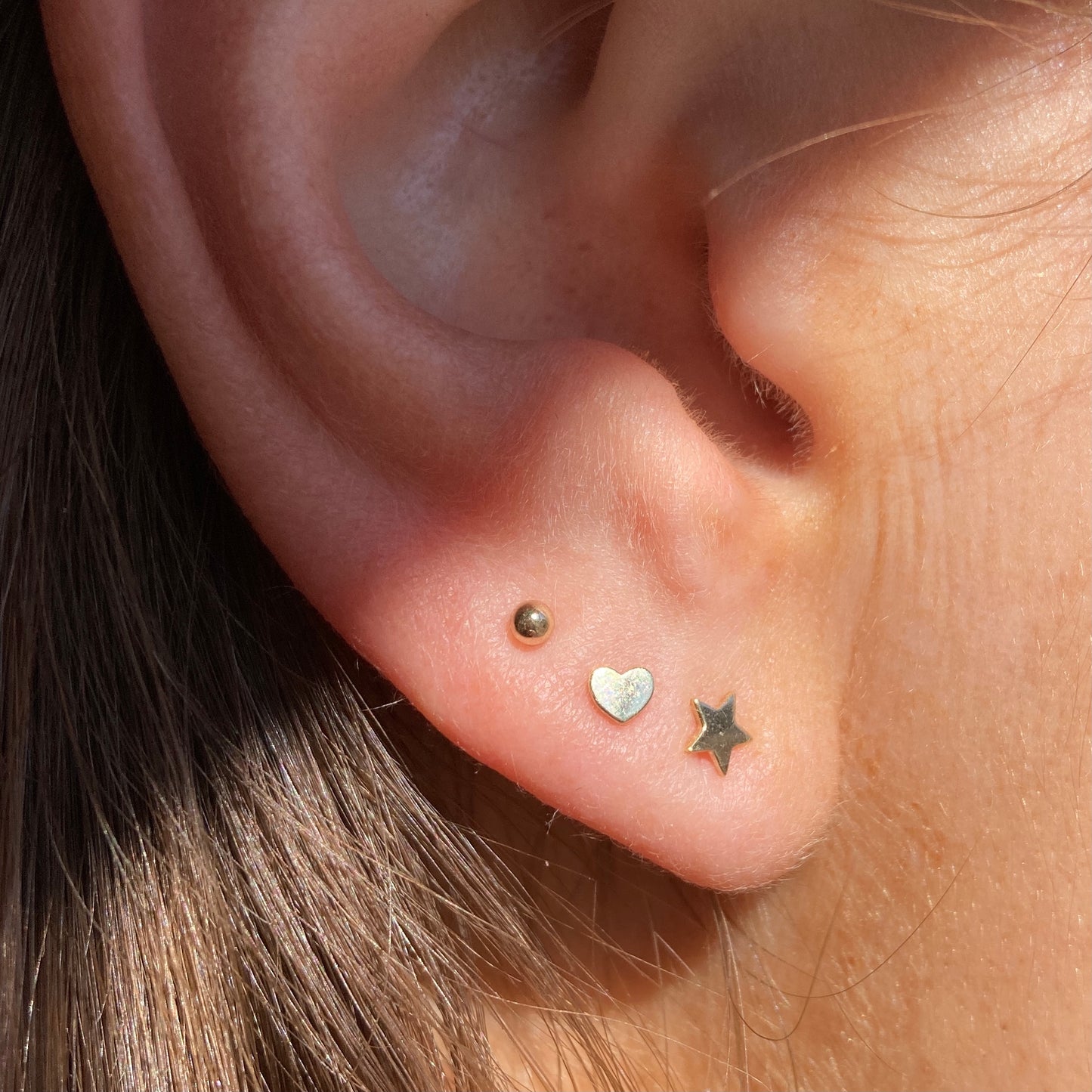 Tiny Gold Ball Stud, Tiny Gold Heart Stud and Tiny Gold Star Stud