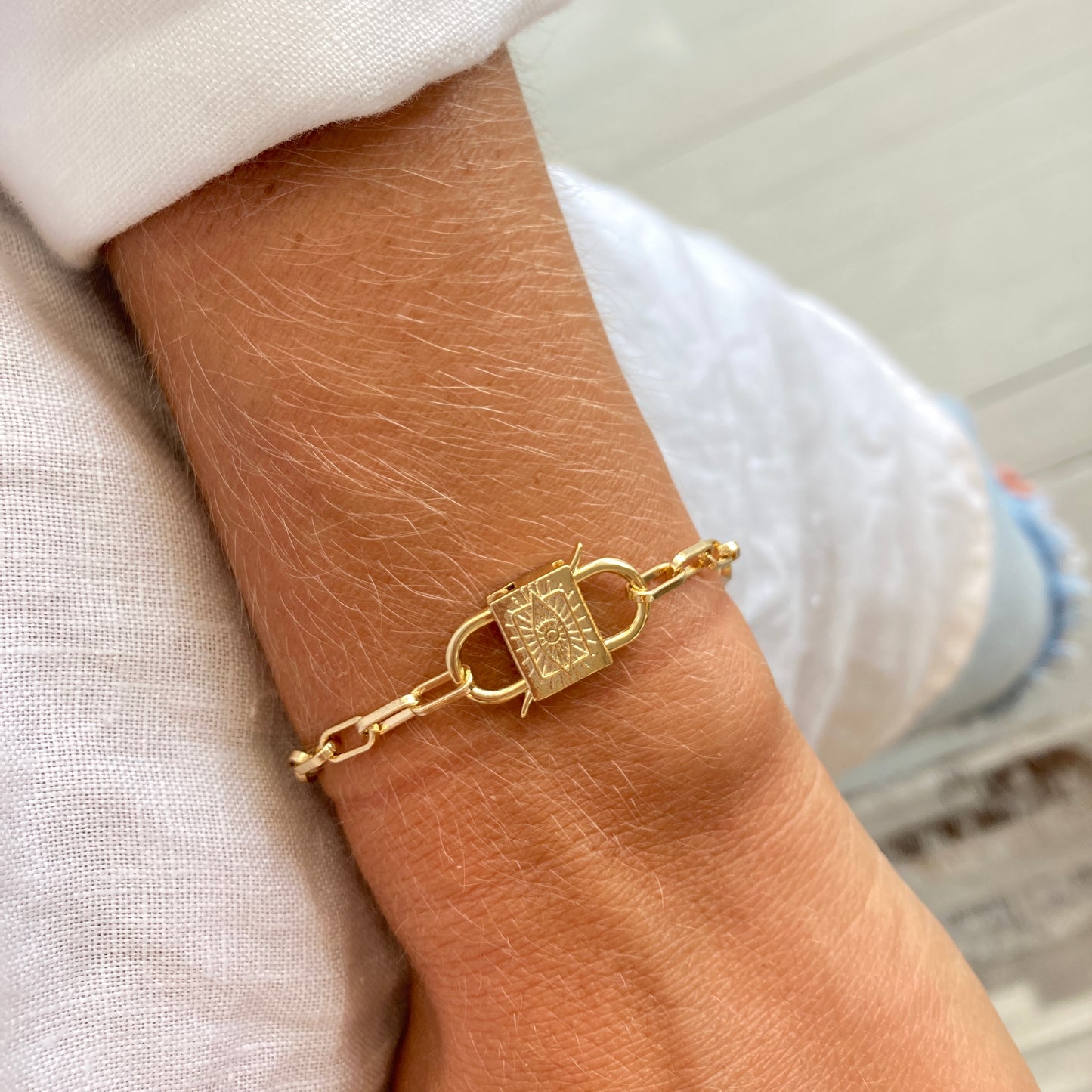 Paperclip Chain Bracelet with Evil Eye Clasp