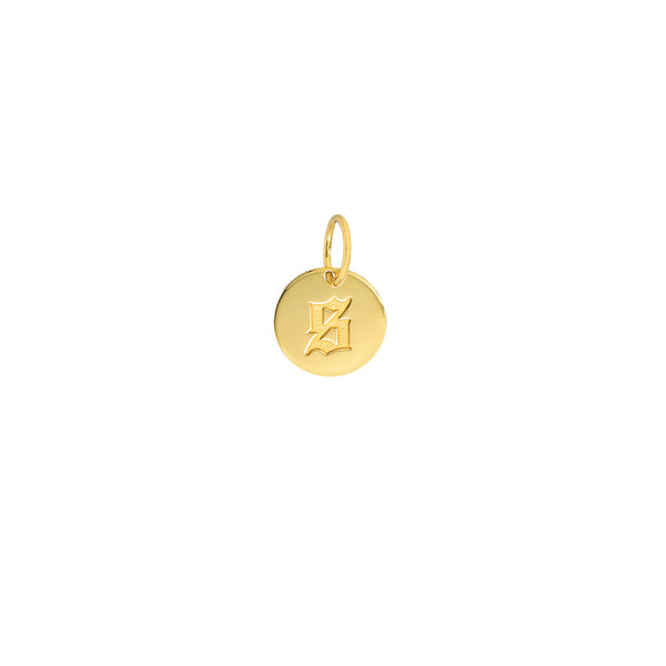 Round Gold Disc Charm Engraved with Gothic S