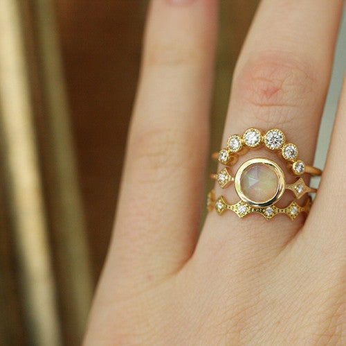 Gold Diamond and Opal Ring Stack