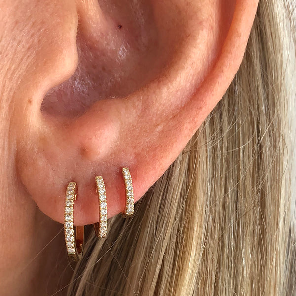 Three sizes of Pave Diamond Huggie Hoop Earrings