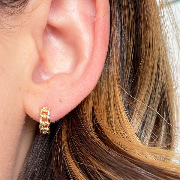 Gold Curb Chain Link Huggie Hoop Earrings