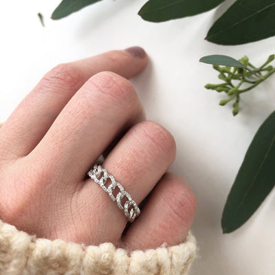 White Gold Curb Chain Eternity Ring with Pave Diamond Links