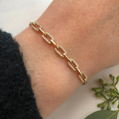 Gold and Diamond Rectangle Link Chain Bracelet