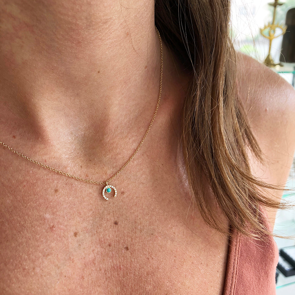Diamond Horseshoe Necklace with Turquoise Stone