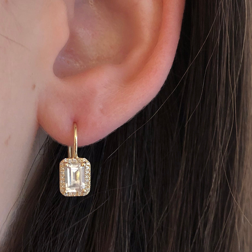 Emerald Cut White Topaz Earrings with Diamond Halo
