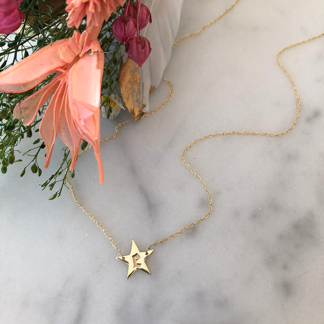 Gold Star Necklace with E initial