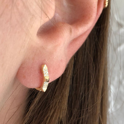 Gold Diamond and Pyramid Spike Huggie Hoop Earrings
