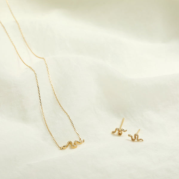 Textured Gold Snake Stud Earrings and Necklace