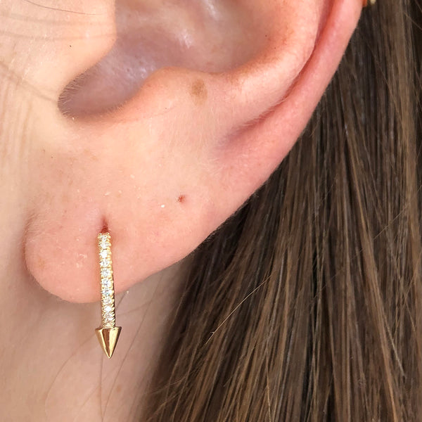 Pave Diamond Huggie Hoop Earrings with Gold Cone Spike