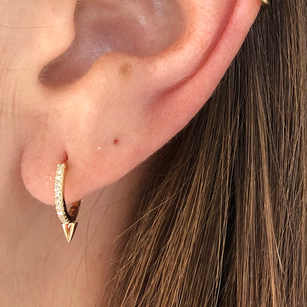 Pave Diamond Huggie Hoop Earrings with Gold Cone Spike