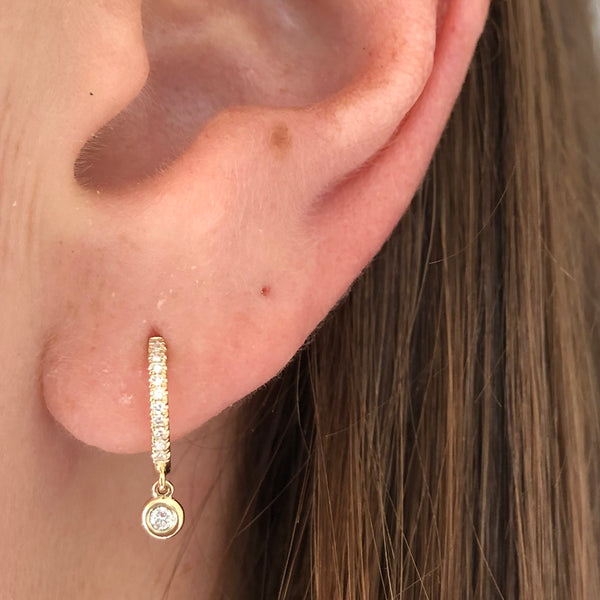 Diamond Huggie Hoop Earrings with Bezel Set Diamond Charm